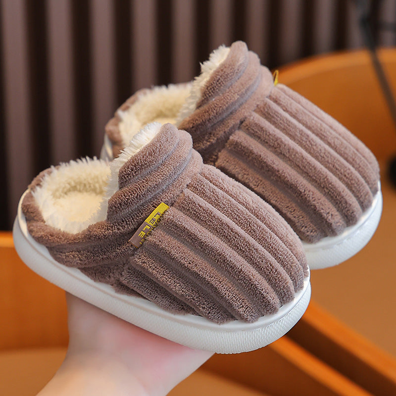 Winter children's cotton slippers for boys and girls, non-slip warm heels, parent-child furry plush home baby cotton slippers