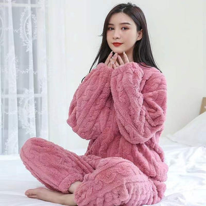 Coral Fleece Pajamas Women Winter Plus Velvet Thickened Jacquard Long Sleeve Home Clothes Two-piece Set Autumn and Winter Loose Warm Set