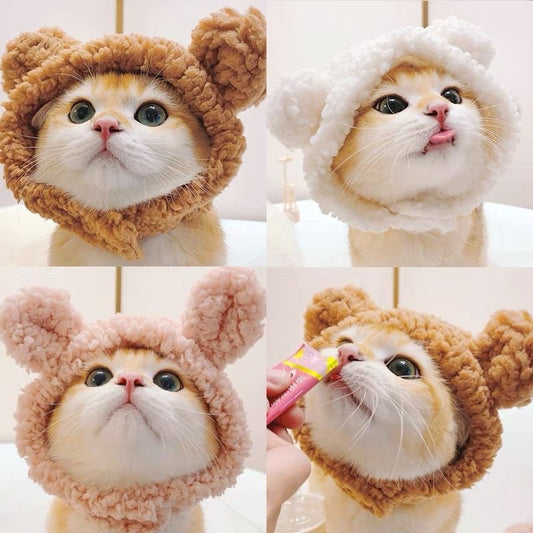 New pet hat bear plush head cover cute cat dog woven warm headdress dress up pet clothes