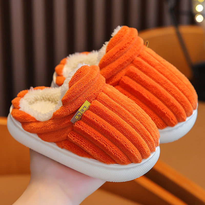 Winter children's cotton slippers for boys and girls, non-slip warm heels, parent-child furry plush home baby cotton slippers