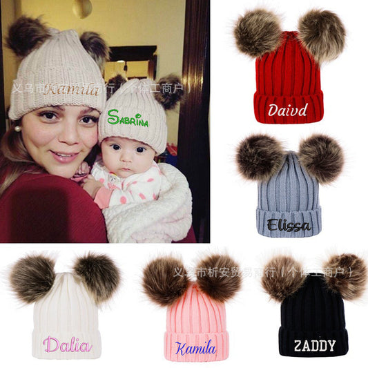 AliExpress personalized embroidery parent-child hat European and American autumn and winter threaded baby pullover hat double wool ball hat knitted