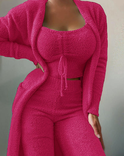 2024 new cross-border women's plush three-piece lace-up pajamas set leisure suit home clothes one piece drop shipping