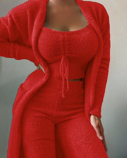 2024 new cross-border women's plush three-piece lace-up pajamas set leisure suit home clothes one piece drop shipping