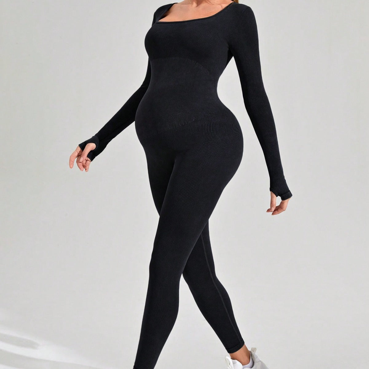 Pregnant women seamless yoga jumpsuit sports outdoor fitness long sleeve tight jumpsuit square collar one-piece body shaping clothes for women