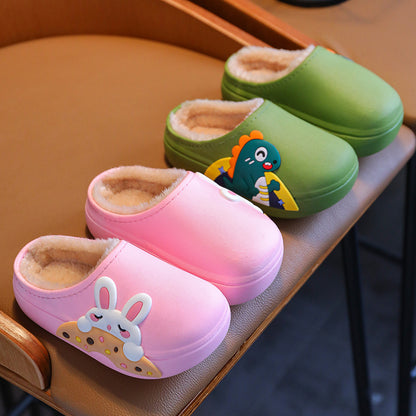 Children's cotton slippers fur shoes plus velvet warm boys and girls baby waterproof non-slip home indoor slippers