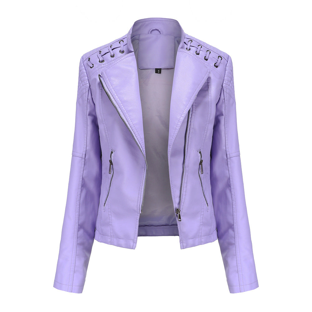 2023 cross-border European code new spring and autumn women's leather jackets women's short jackets slim thin leather jackets women's motorcycle clothes