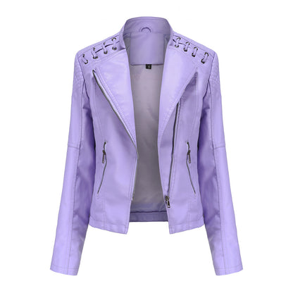 2023 cross-border European code new spring and autumn women's leather jackets women's short jackets slim thin leather jackets women's motorcycle clothes