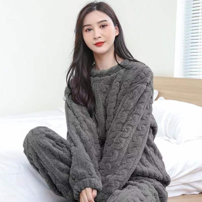 Coral Fleece Pajamas Women Winter Plus Velvet Thickened Jacquard Long Sleeve Home Clothes Two-piece Set Autumn and Winter Loose Warm Set