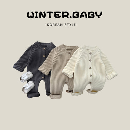 Korean version of baby jumpsuit autumn and winter clothes for boys and girls baby solid color knitted crawling clothes newborn autumn sweater romper