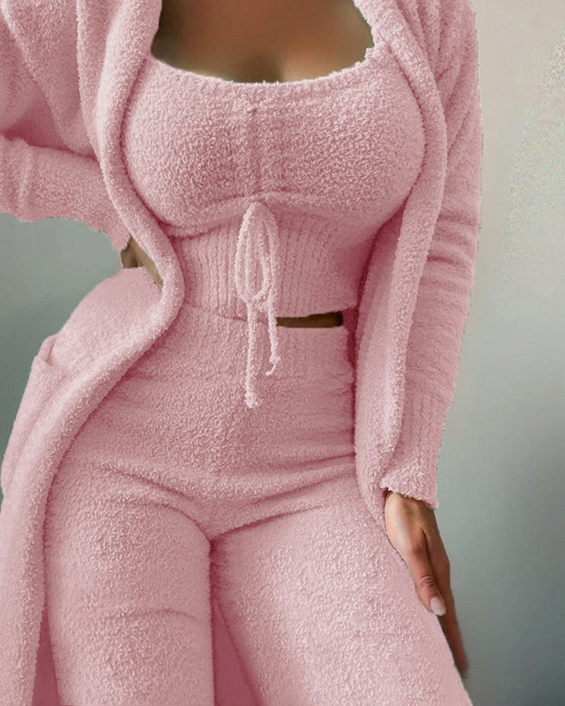 2024 new cross-border women's plush three-piece lace-up pajamas set leisure suit home clothes one piece drop shipping