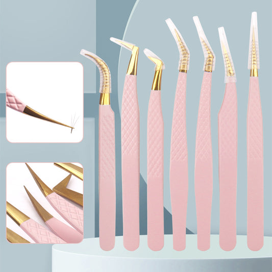 Wholesale grafting eyelash tweezers light pink grid tweezers stainless steel eyelash tweezers eyelash assistant beauty tools