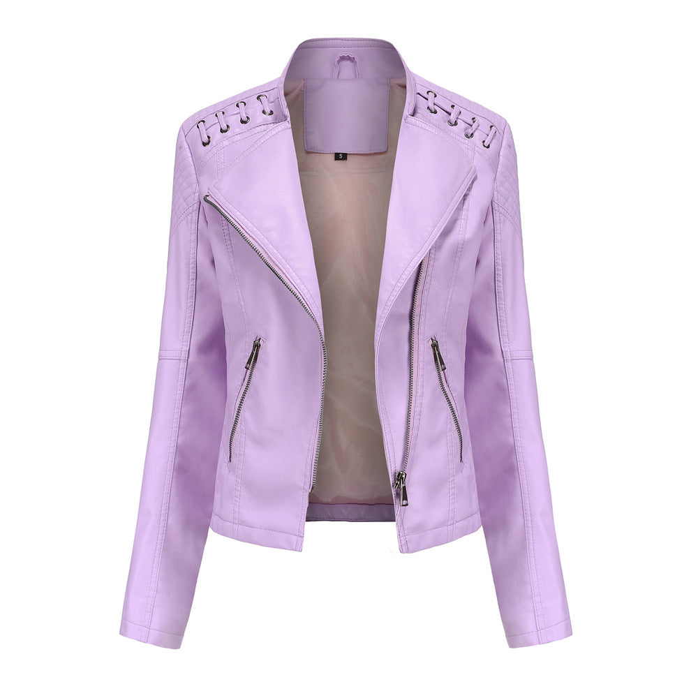 2023 cross-border European code new spring and autumn women's leather jackets women's short jackets slim thin leather jackets women's motorcycle clothes