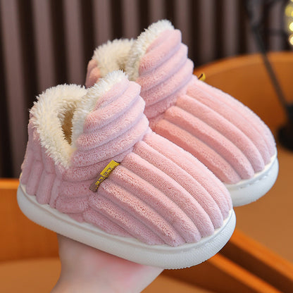 Winter children's cotton slippers for boys and girls, non-slip warm heels, parent-child furry plush home baby cotton slippers