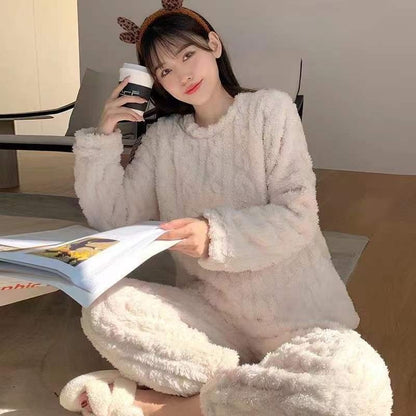 Coral Fleece Pajamas Women Winter Plus Velvet Thickened Jacquard Long Sleeve Home Clothes Two-piece Set Autumn and Winter Loose Warm Set