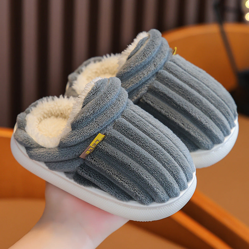 Winter children's cotton slippers for boys and girls, non-slip warm heels, parent-child furry plush home baby cotton slippers