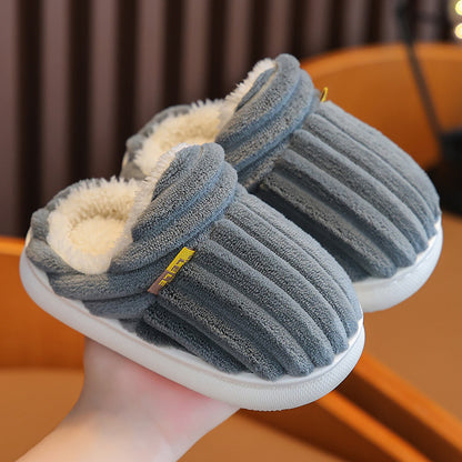 Winter children's cotton slippers for boys and girls, non-slip warm heels, parent-child furry plush home baby cotton slippers