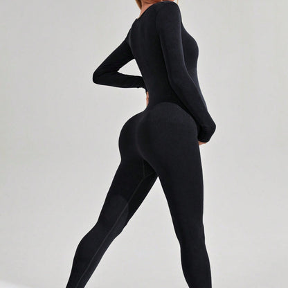 Pregnant women seamless yoga jumpsuit sports outdoor fitness long sleeve tight jumpsuit square collar one-piece body shaping clothes for women