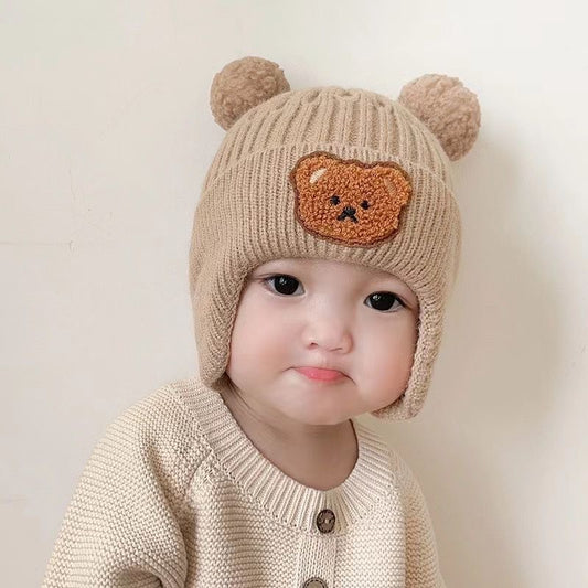 New autumn and winter children's warm hats cute bear double ball hats infant baby warm ear protection knitted wool hat