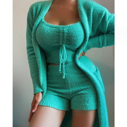 2024 new cross-border women's plush three-piece lace-up pajamas set leisure suit home clothes one piece drop shipping