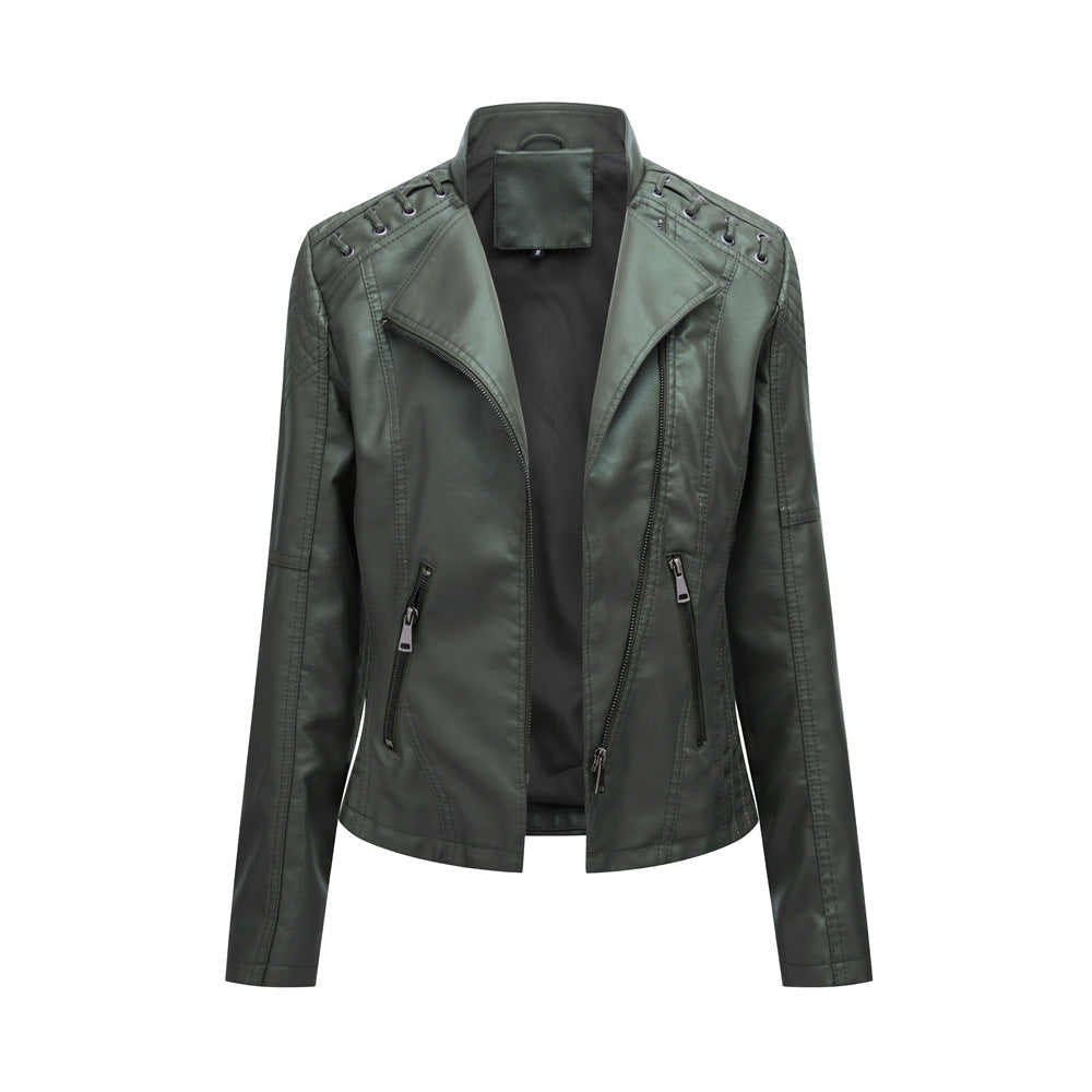 2023 cross-border European code new spring and autumn women's leather jackets women's short jackets slim thin leather jackets women's motorcycle clothes