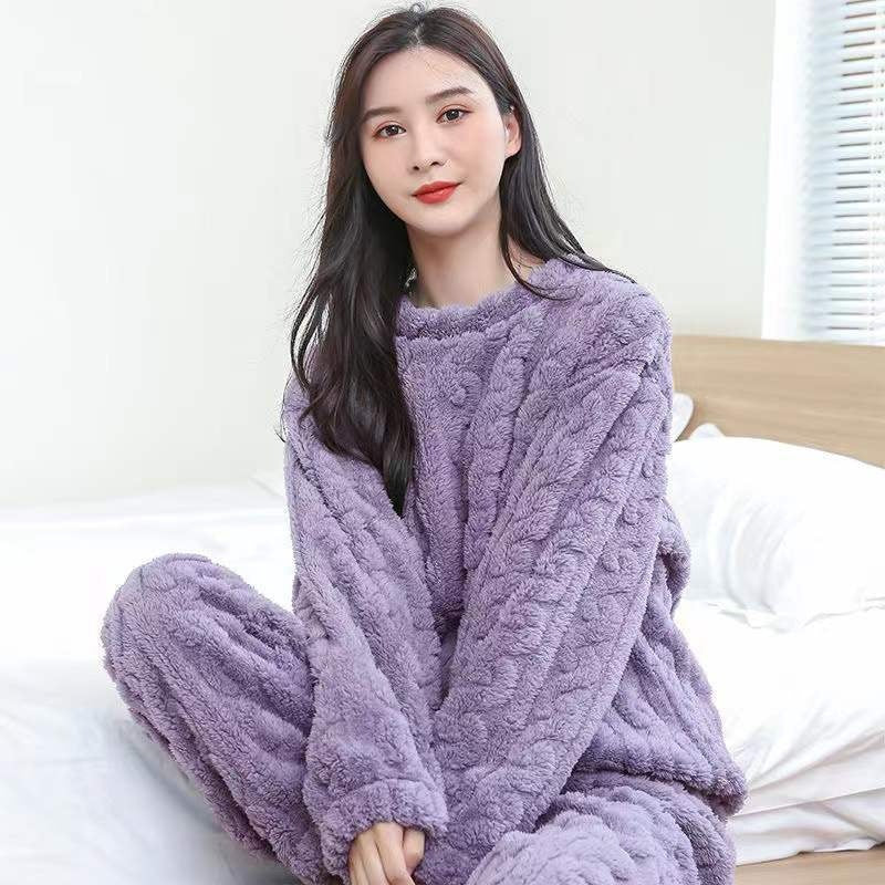 Coral Fleece Pajamas Women Winter Plus Velvet Thickened Jacquard Long Sleeve Home Clothes Two-piece Set Autumn and Winter Loose Warm Set