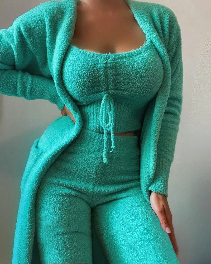 2024 new cross-border women's plush three-piece lace-up pajamas set leisure suit home clothes one piece drop shipping